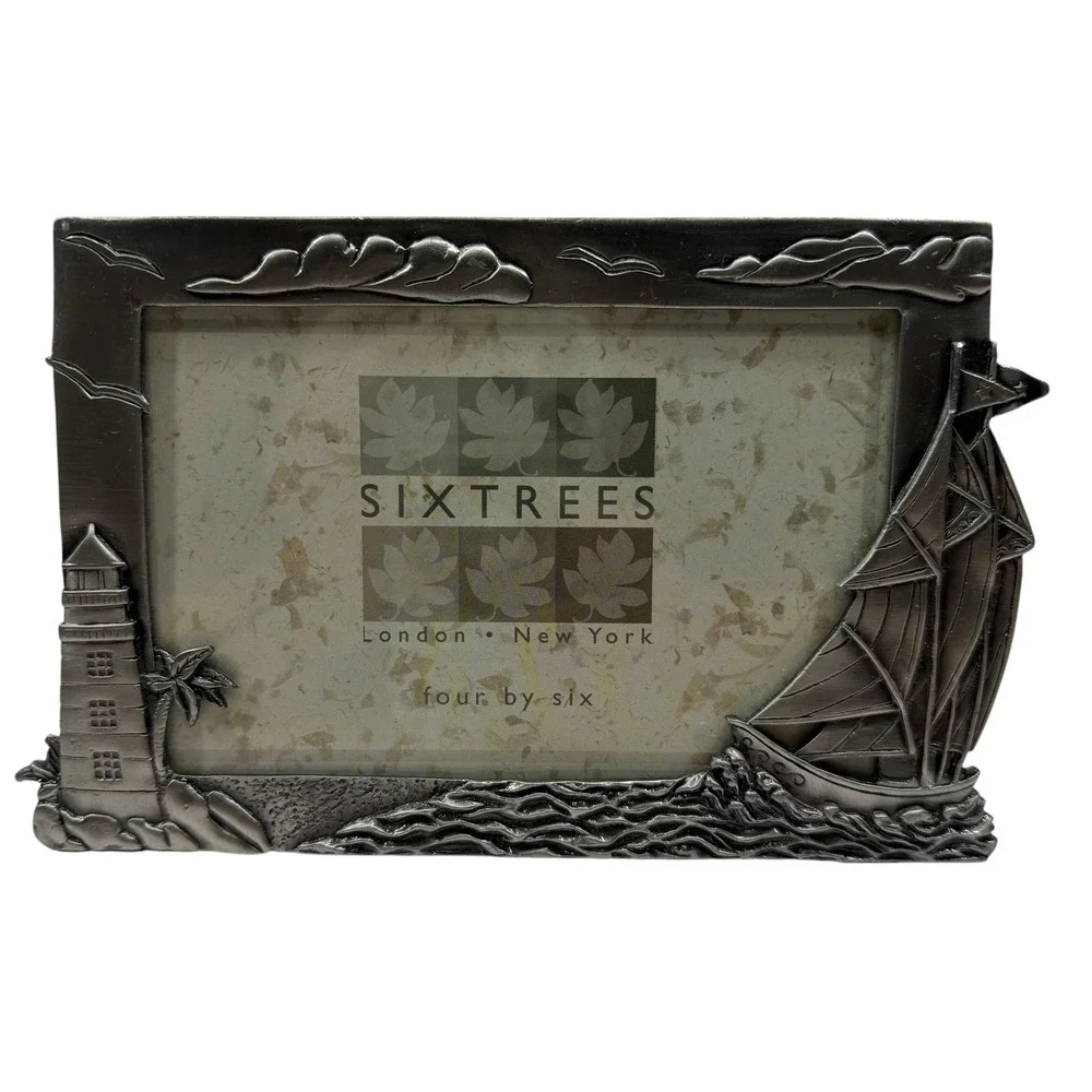 Sixtrees Nautical Pewter Tone 4x6 Picture Frame Lighthouse Sailboat Coastal